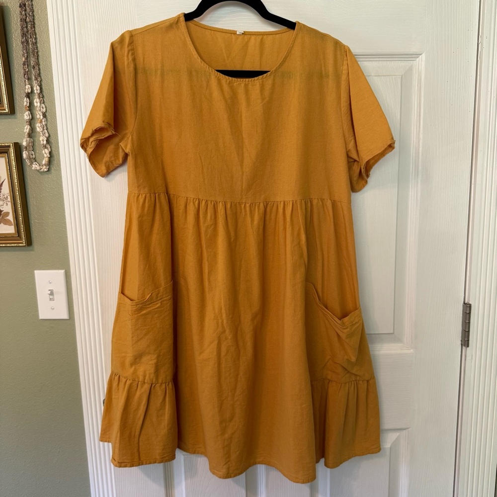 Mustard Short Sleeve Babydoll Dress with Pockets flax linen